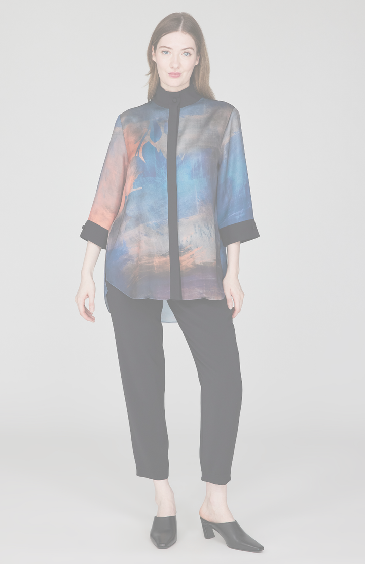 Painterly Color Wash Print Mandarin Collar Button Down Tunic