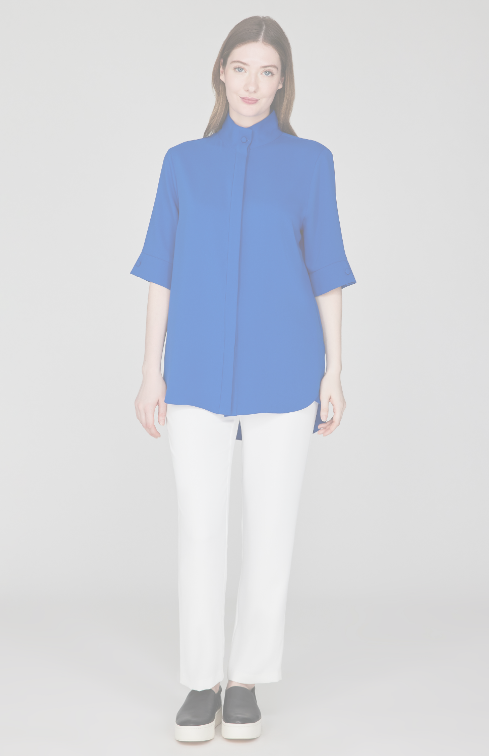 Lustrous Crepe Mandarin Collar Button Down Tunic
