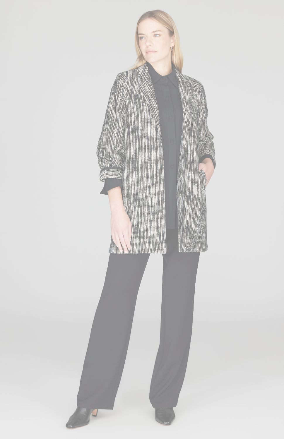 Lurex Knit Tweed Long Blazer w/ Contrast Trim