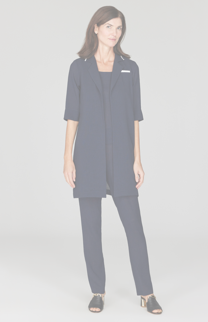 Microlinen Long Blazer with Contrast Trim