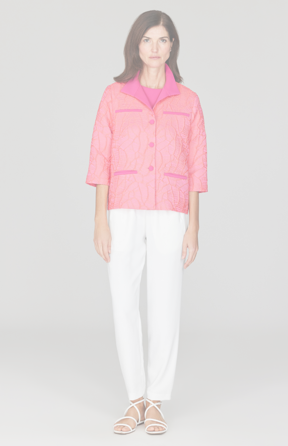 Abstract Botanic Stretch Jacquard Short Boxy Jacket w/ Pocket Detail