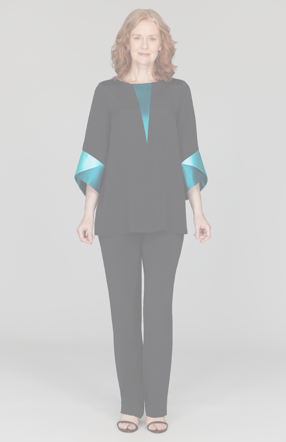 Silk Tunic w/Contrast Satin Color Block Sleeves & V Inset