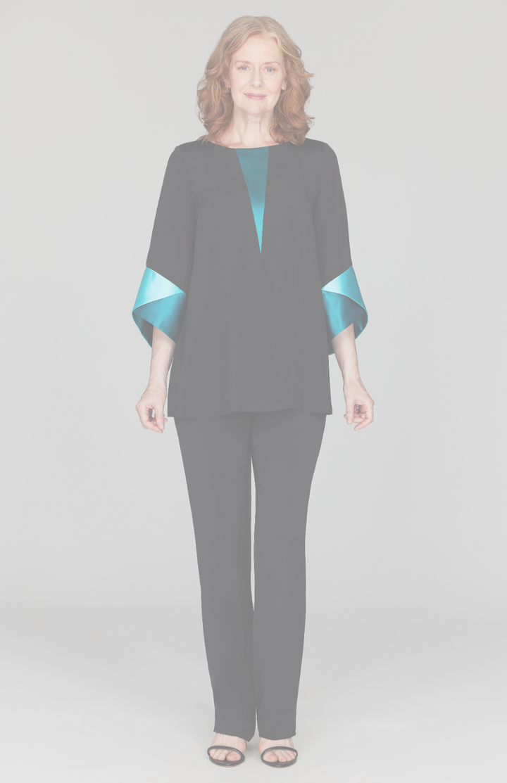 Silk Tunic w/Contrast Satin Color Block Sleeves & V Inset
