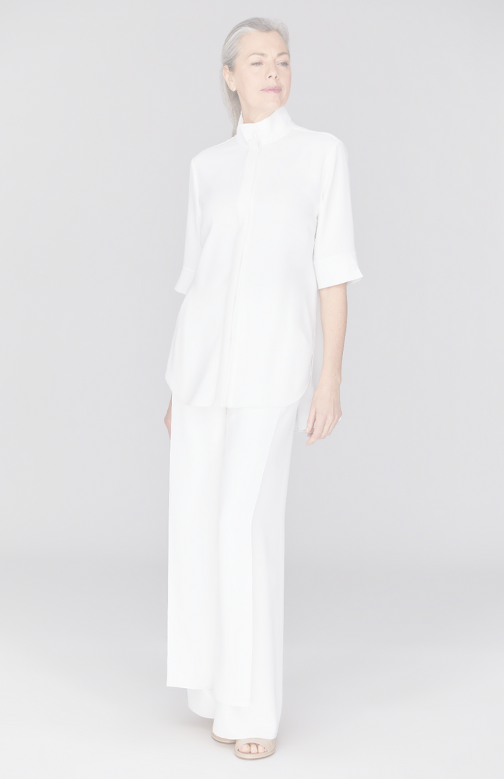 Lustrous Crepe Mandarin Collar Button Down Tunic