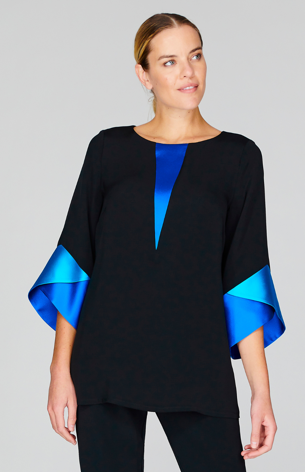 Silk Tunic w/Contrast Satin Color Block Sleeves & V Inset