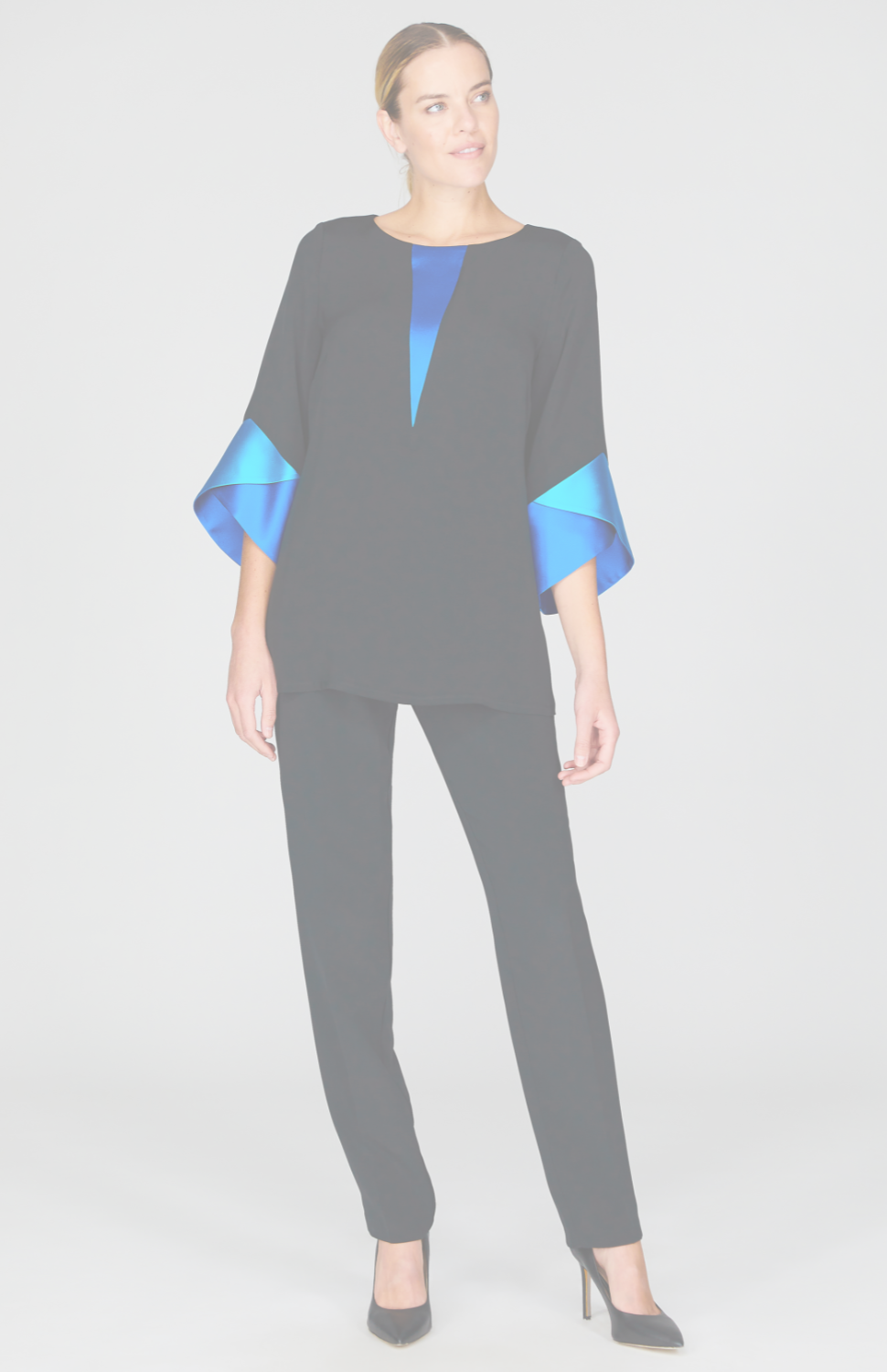 Silk Tunic w/Contrast Satin Color Block Sleeves & V Inset