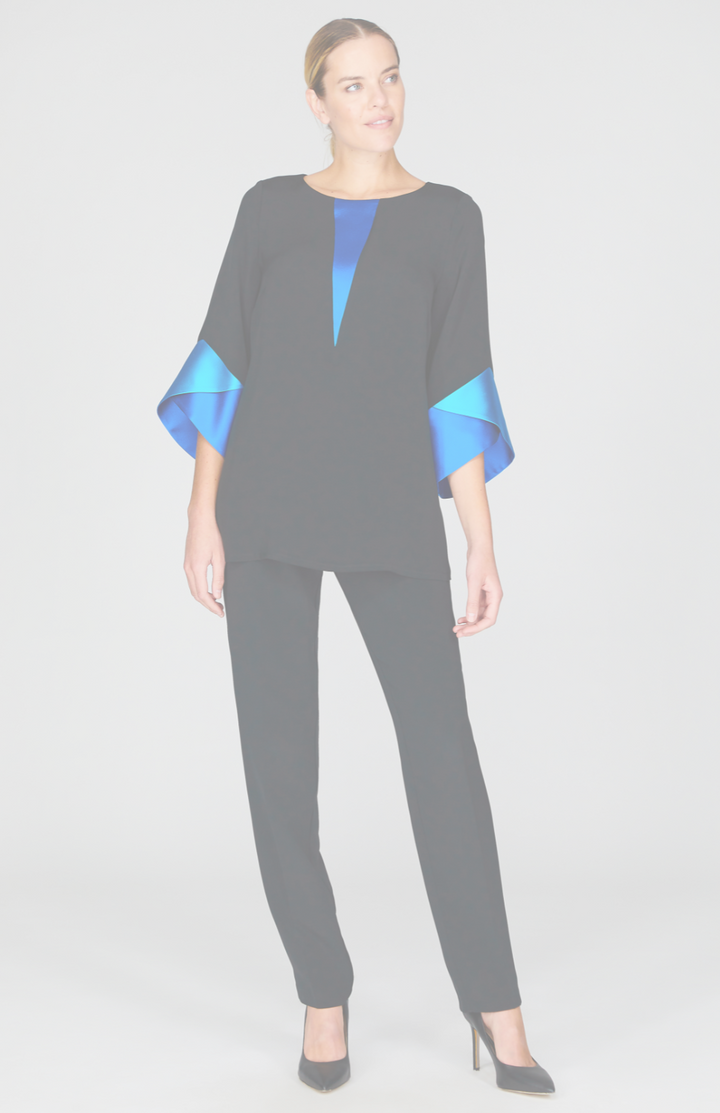 Silk Tunic w/Contrast Satin Color Block Sleeves & V Inset
