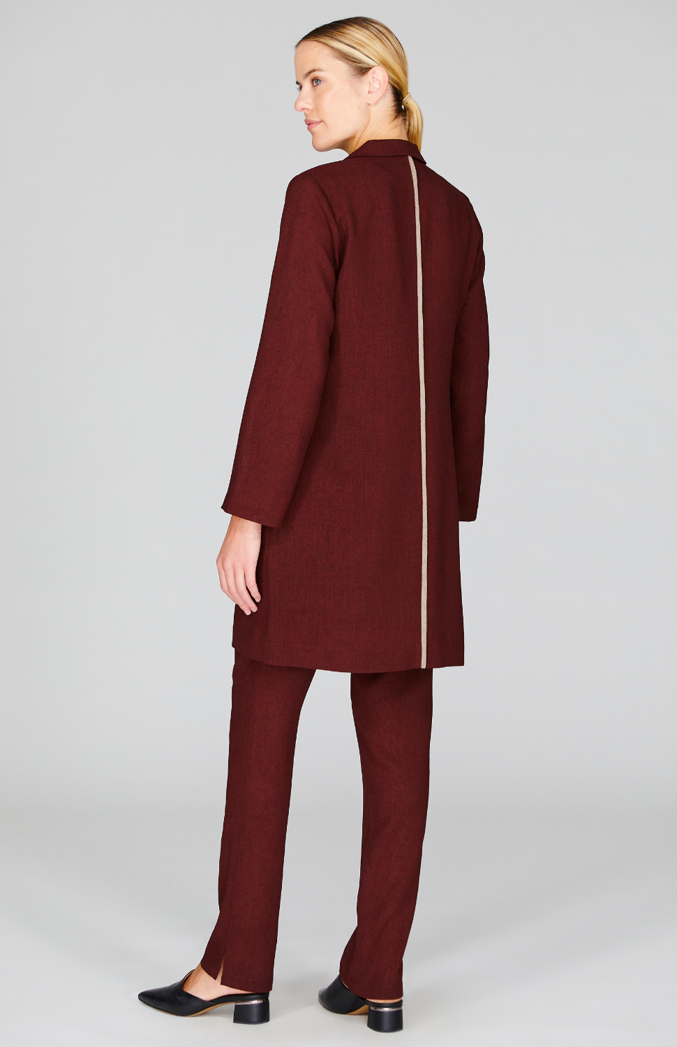 Microlinen Long Open Duster with Contrast Bias Trim