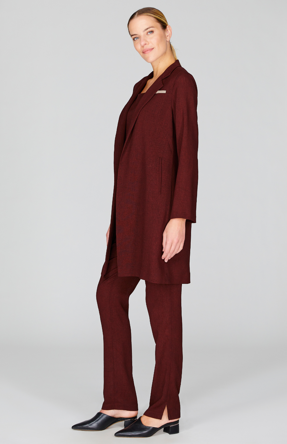 Microlinen Long Open Duster with Contrast Bias Trim