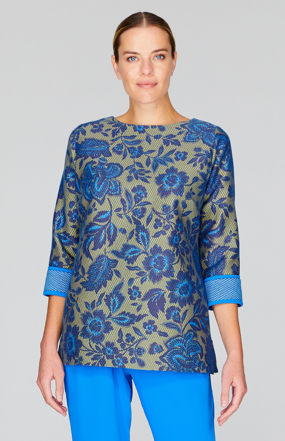 Mosaic Floral 3/4 Sleeve Blouse with Bias Trim