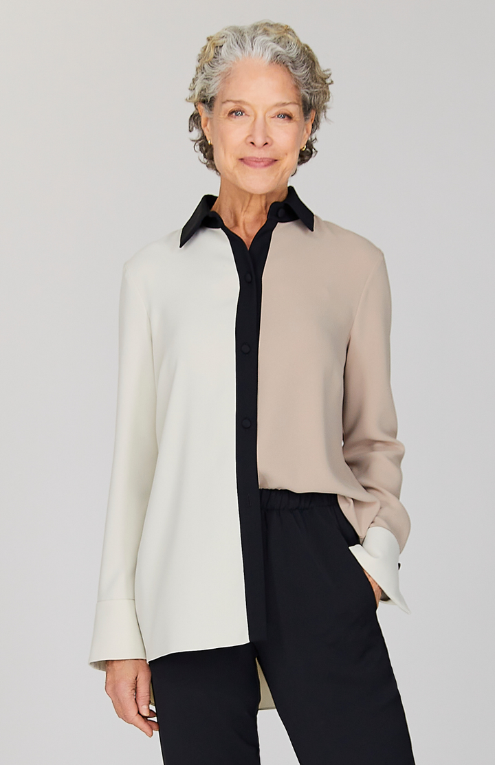 Color Block Lustrous Crepe Back Overlap Shirt