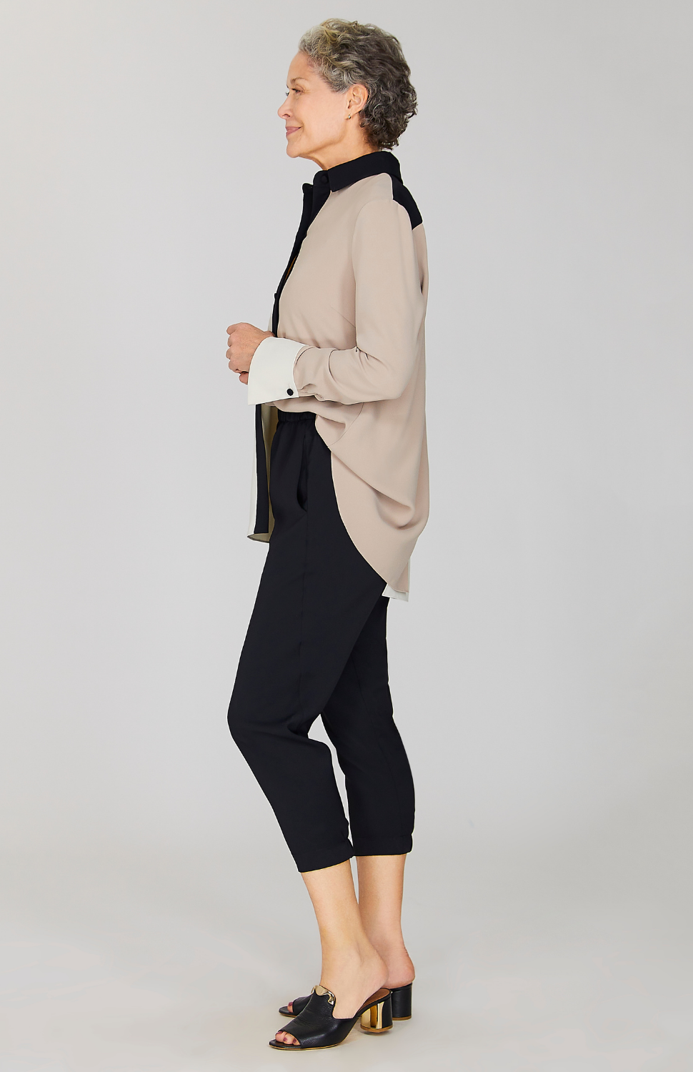Color Block Lustrous Crepe Back Overlap Shirt