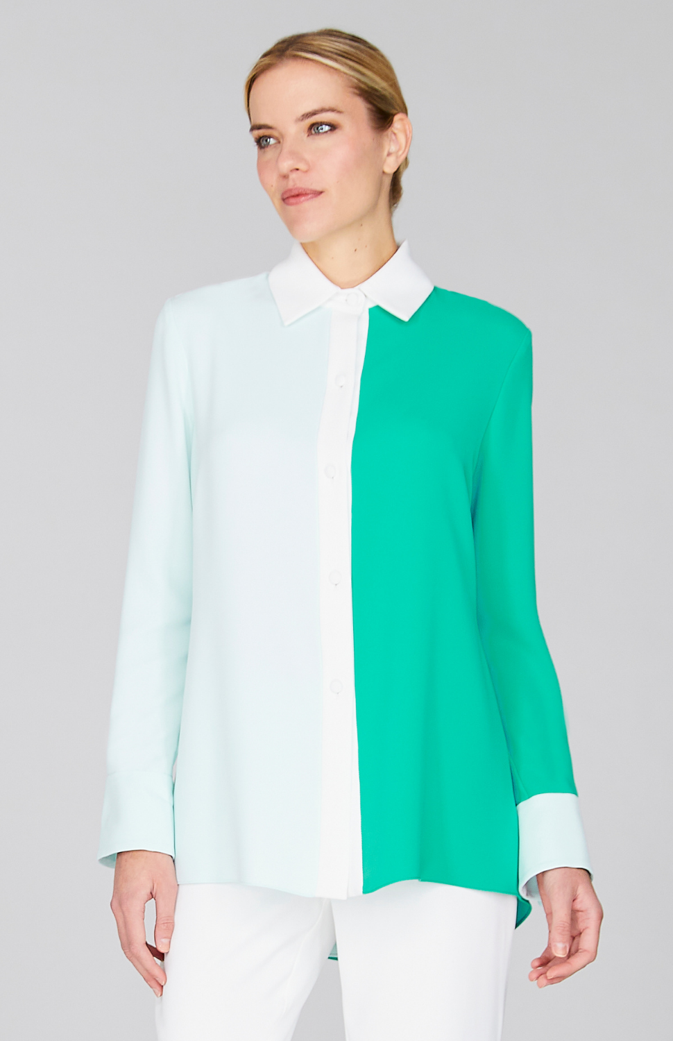 Color Block Lustrous Crepe Back Overlap Shirt