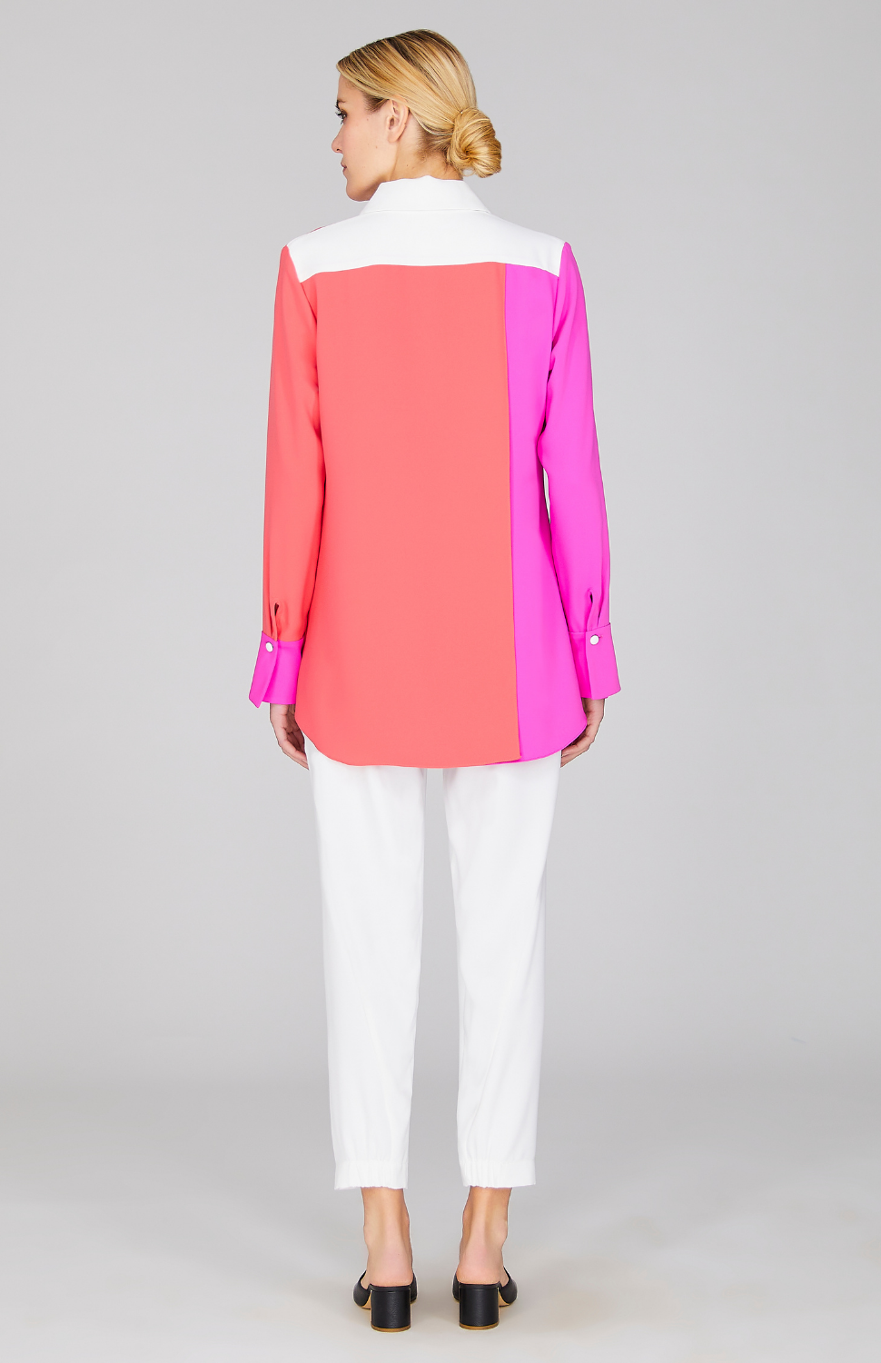 Color Block Lustrous Crepe Back Overlap Shirt