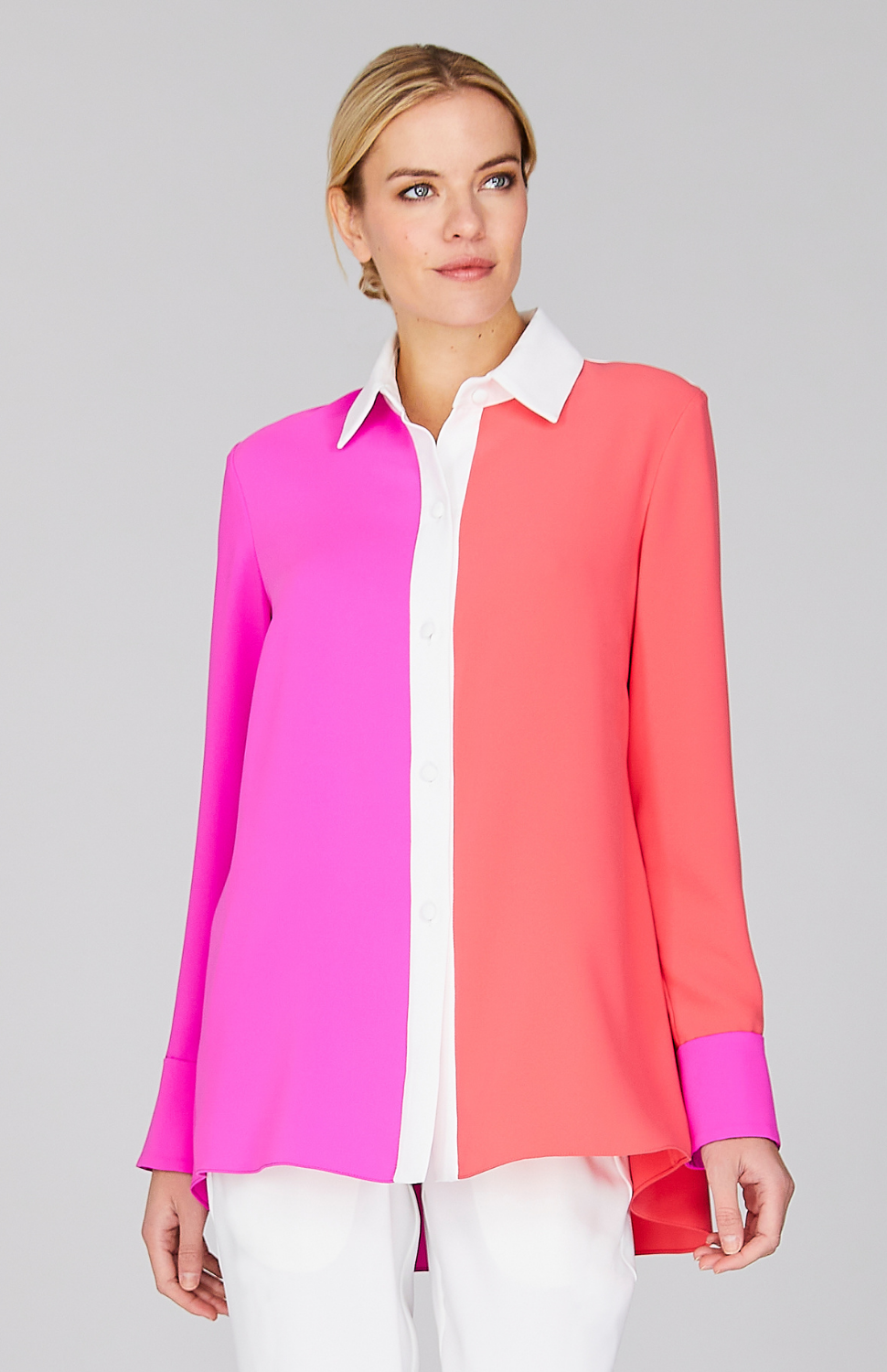 Color Block Lustrous Crepe Back Overlap Shirt