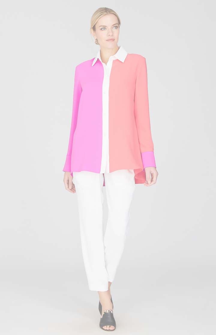 Color Block Lustrous Crepe Back Overlap Shirt
