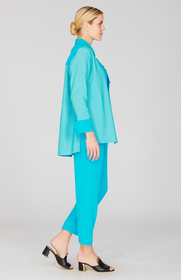 Sheer Stripe Collared Button Down w/Side Tab