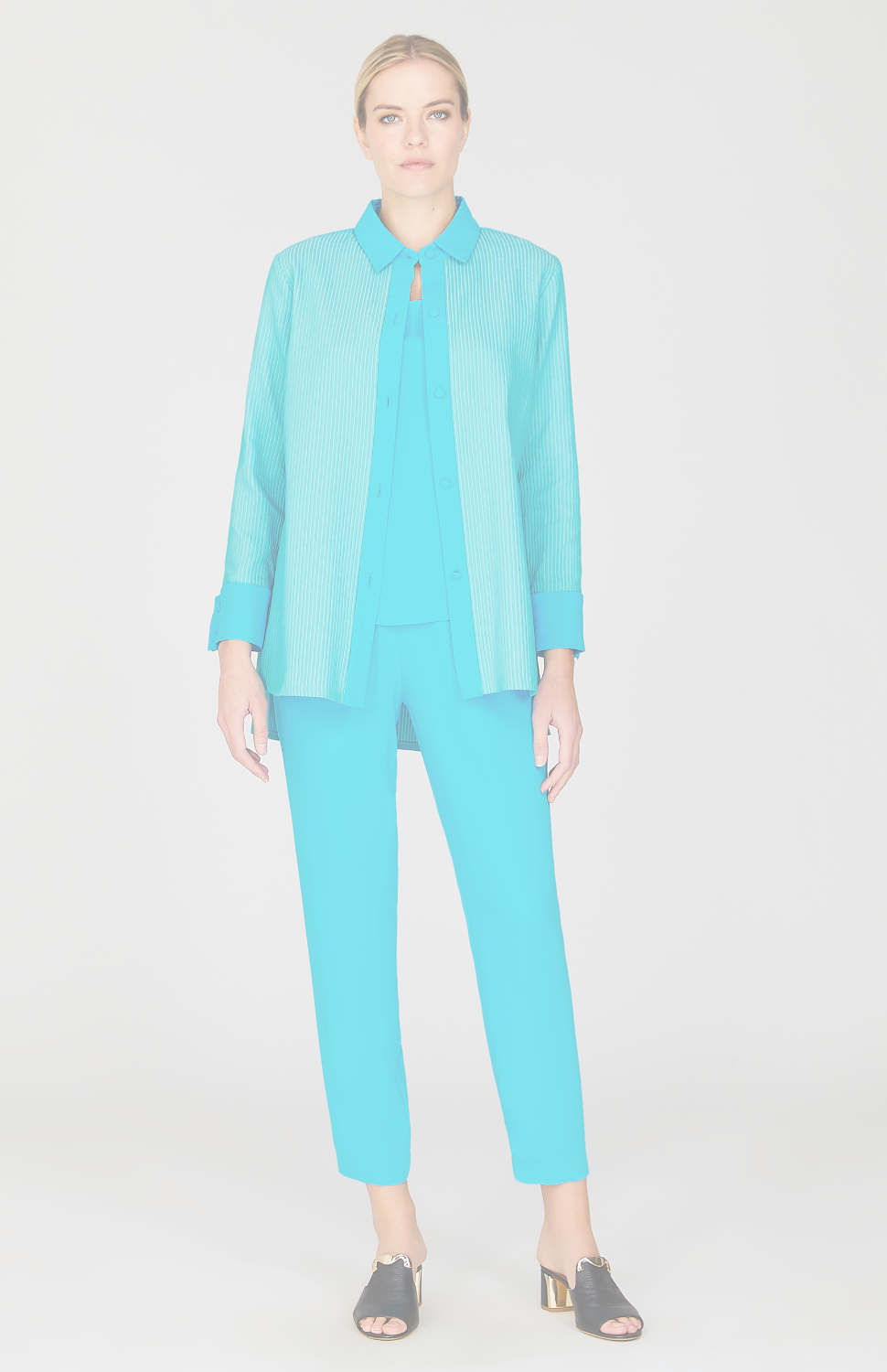 Sheer Stripe Collared Button Down w/Side Tab