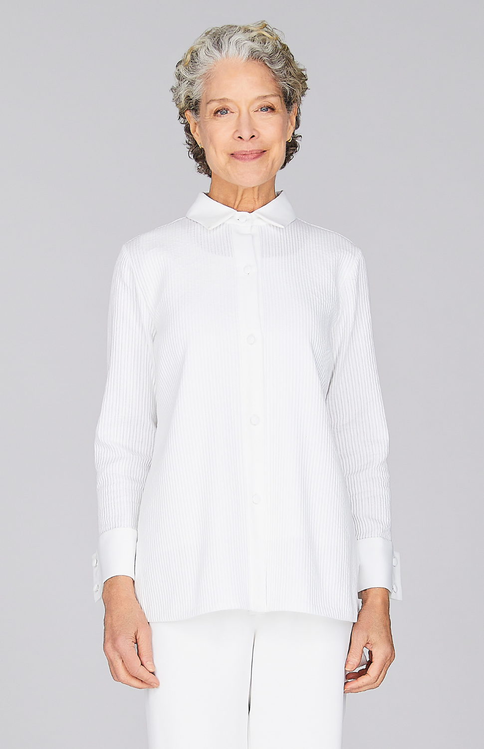 Sheer Stripe Collared Button Down w/Side Tab