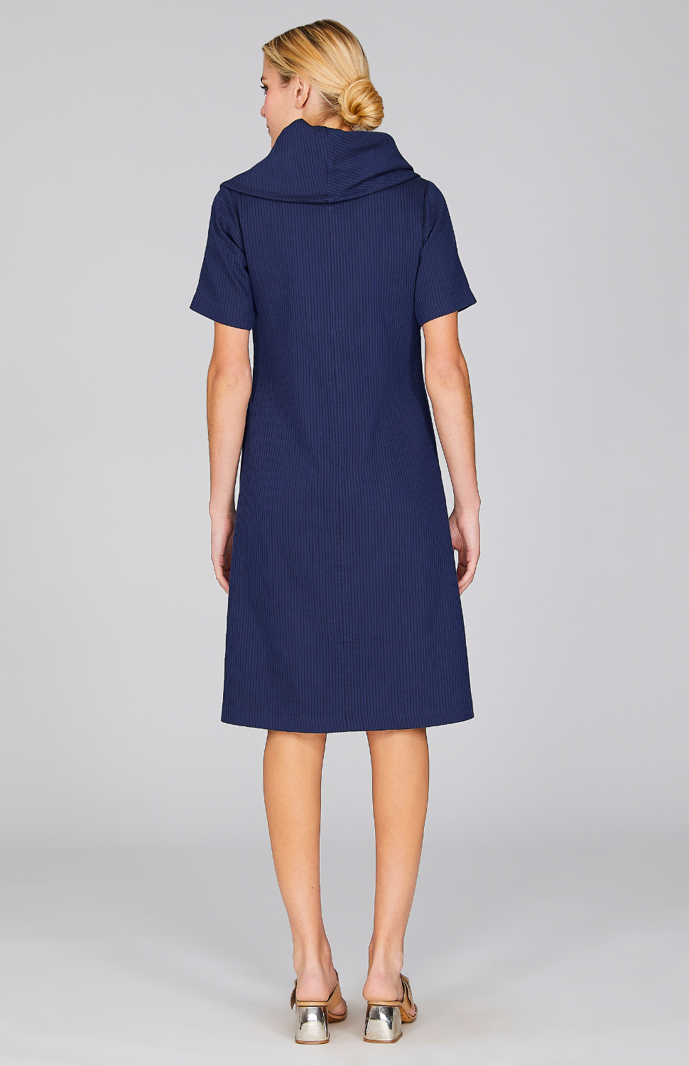 Sheer Stripe Oversized Cowl Dress w/Short Sleeve