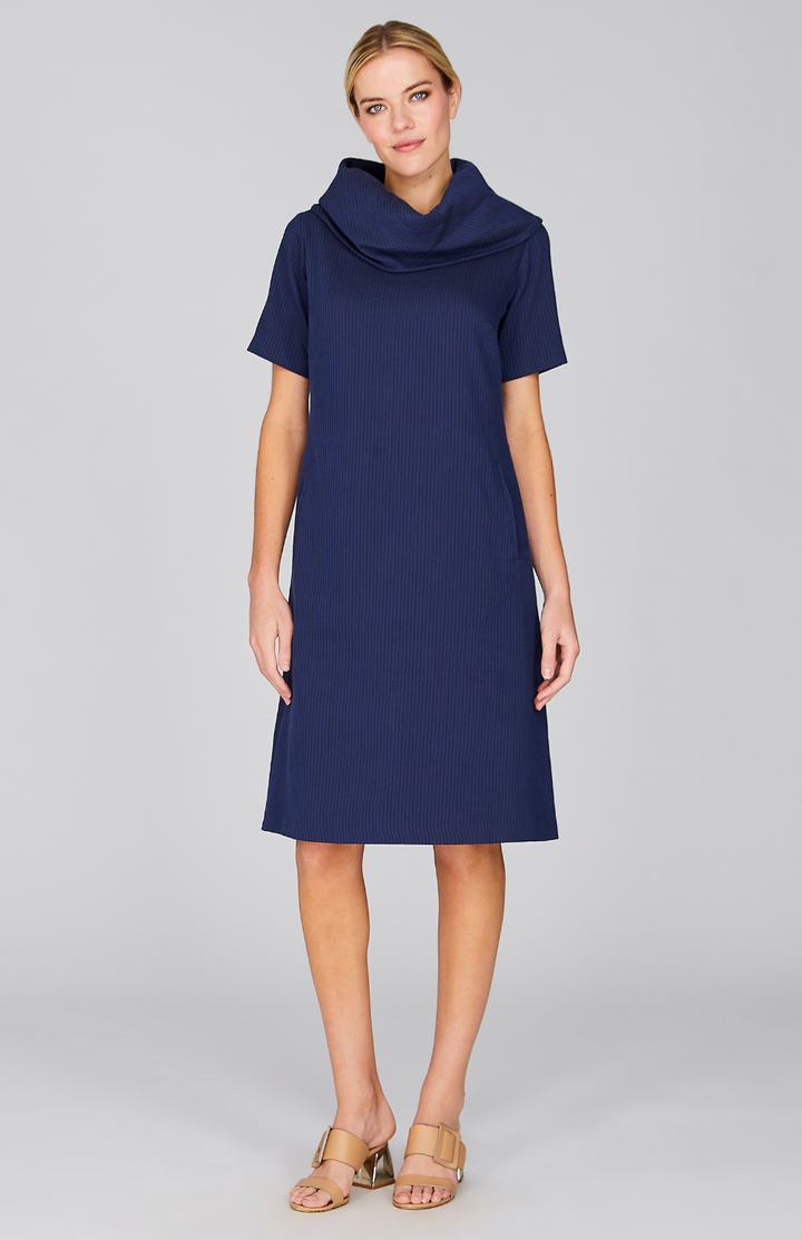 Sheer Stripe Oversized Cowl Dress w/Short Sleeve