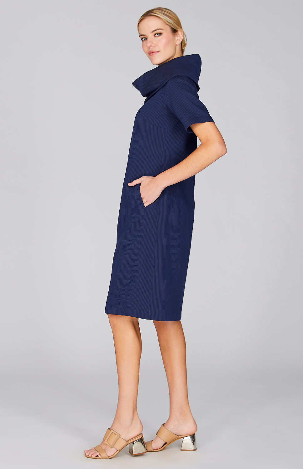 Sheer Stripe Oversized Cowl Dress w/Short Sleeve