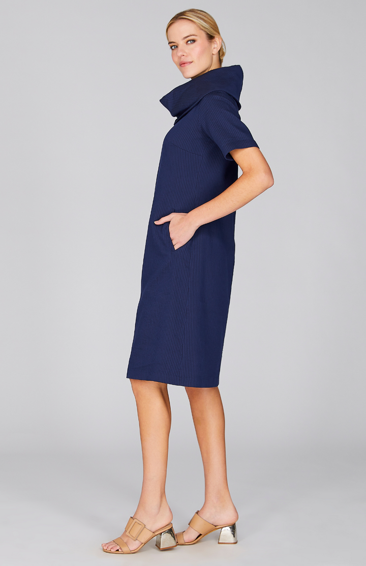 Sheer Stripe Oversized Cowl Dress w/Short Sleeve