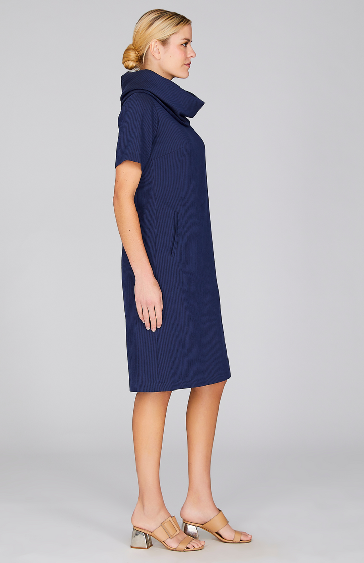 Sheer Stripe Oversized Cowl Dress w/Short Sleeve